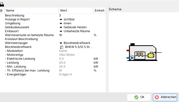 BHKW Simulations-und Berechngungsprogramm: Gebäudeauswahl: Mehrfamilienhaus, Industrie, Einfamilienhaus. Einbauort, Wärmeverluste, Modulation, Motorentyp, Elektrische Leistung, Leistung, Thermische Effizienz bei maximaler Leistung, Auswahl Energieträger
