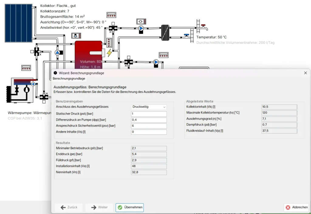 Eingabeparameter MAG Auslegung gemäss  EN 12828: Die Auslegung und Berechnung des Membranausdehnungsgefäß erfolgt mit folgenden Eingabeparameter: Anschluss des Ausdehnungsgefäss, Statischer Druck, Differenzdruck an der Pumpe, Ansprechdruck Sicherheitsventil, Andere Inhalte. Daneben werden die Abgeleitenten Resultate: Kollektorinhalt, Maximale Kollektortemperatur, Ausdehnungsgrad, Dampfdruck, Fluidkreislauf angezeigt. Die Resultate sind: Minimaler Betriebsdruck, Enddruck, Fülldruck, Installationsinhalt, Nenninhalt 