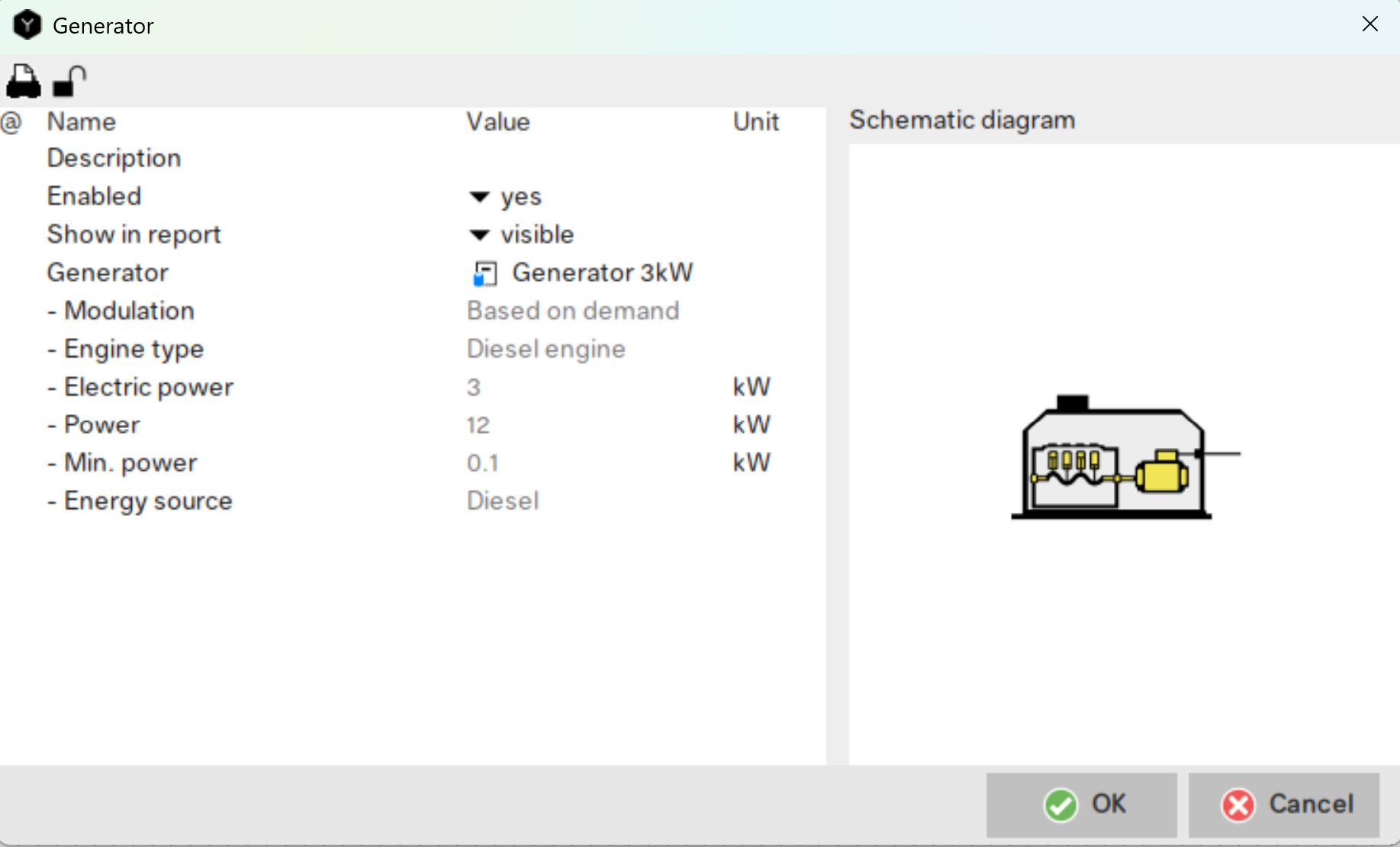 Simulation and calculation of electrical generators. Modulation, motor type, selection of generator from catalogue, power, minimum power, energy source