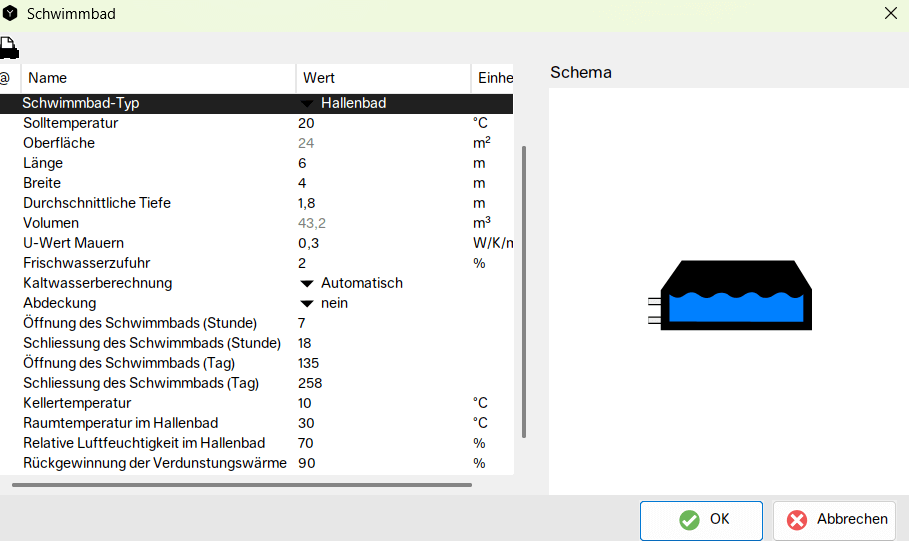 Energiebedarf Schwimmbad und Wärmeverlust Pool berechnen: Eingabeparameter und Auslegungsparameter