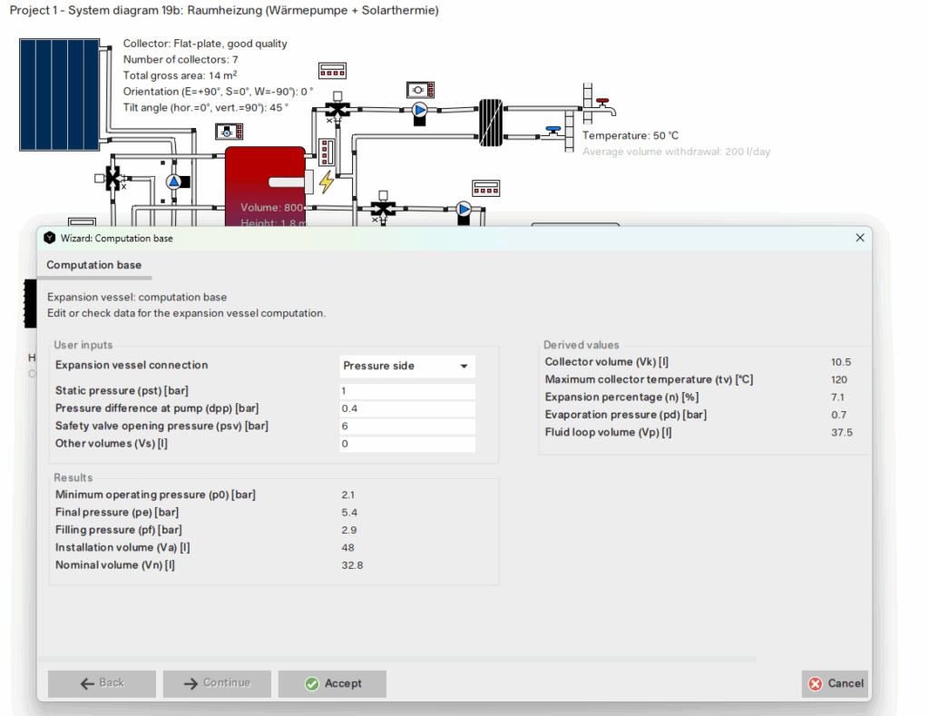 Assistent for Expansion Vessel sizing based on data entries