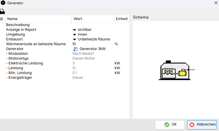 Simulation und Berechnung von Generatoren. Modulation, Motorentype, Auswahl Generator aus Katalog, Leistung, Min. Leistung, Energieträger