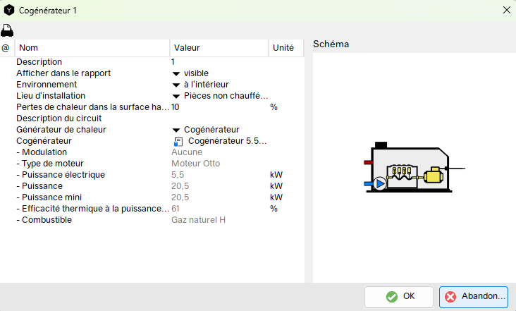 Simulation et dimensionnement d’une centrale de cogénération. Les paramètres d’entrée sont: Environment, Lieu d'installation, Pertes de chaleur dans la surfache
Description du circuit
Générateur
Modulation, Type de moteur, Puissance électrique, Puissance, Puissance mini, Efficacité thermique à la puissance, Comubustible