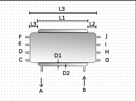horizontal tank with coat heat exchanger: measures and arrangement of horizontal tank with coat heat exchanger (A = fluid outlet, B = fluid inlet, C = port 1, D = port 2, E = port 3, F = port 4, G = port 5, H = port 6, I = port 7, J = port 8, L1 = length of the heat exchanger  L4-(L4(100-L2)/100)+(L4(100-L3)/100), L2 = position of the heat exchanger's bottom edge in % of the total height 