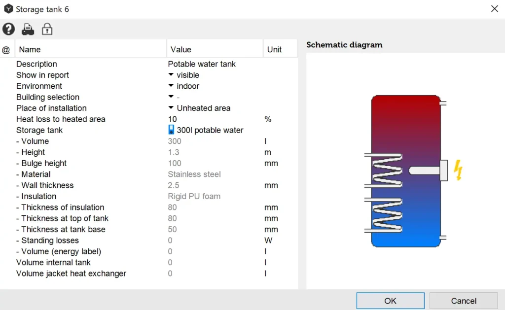 Parameters Thermal Energy Storage Tank: Environment (indoor, outdoor), Building selection, Place of installation, Heat loss to heated area, storage tank type, Volume, Height, Bulge heigt, material, wall thickness, insulation, thickness of insulation, thickness at top of tank, thickness at tank base, standing losses, volume (energy label), volume internal tank, volume jacket heat exchanger 