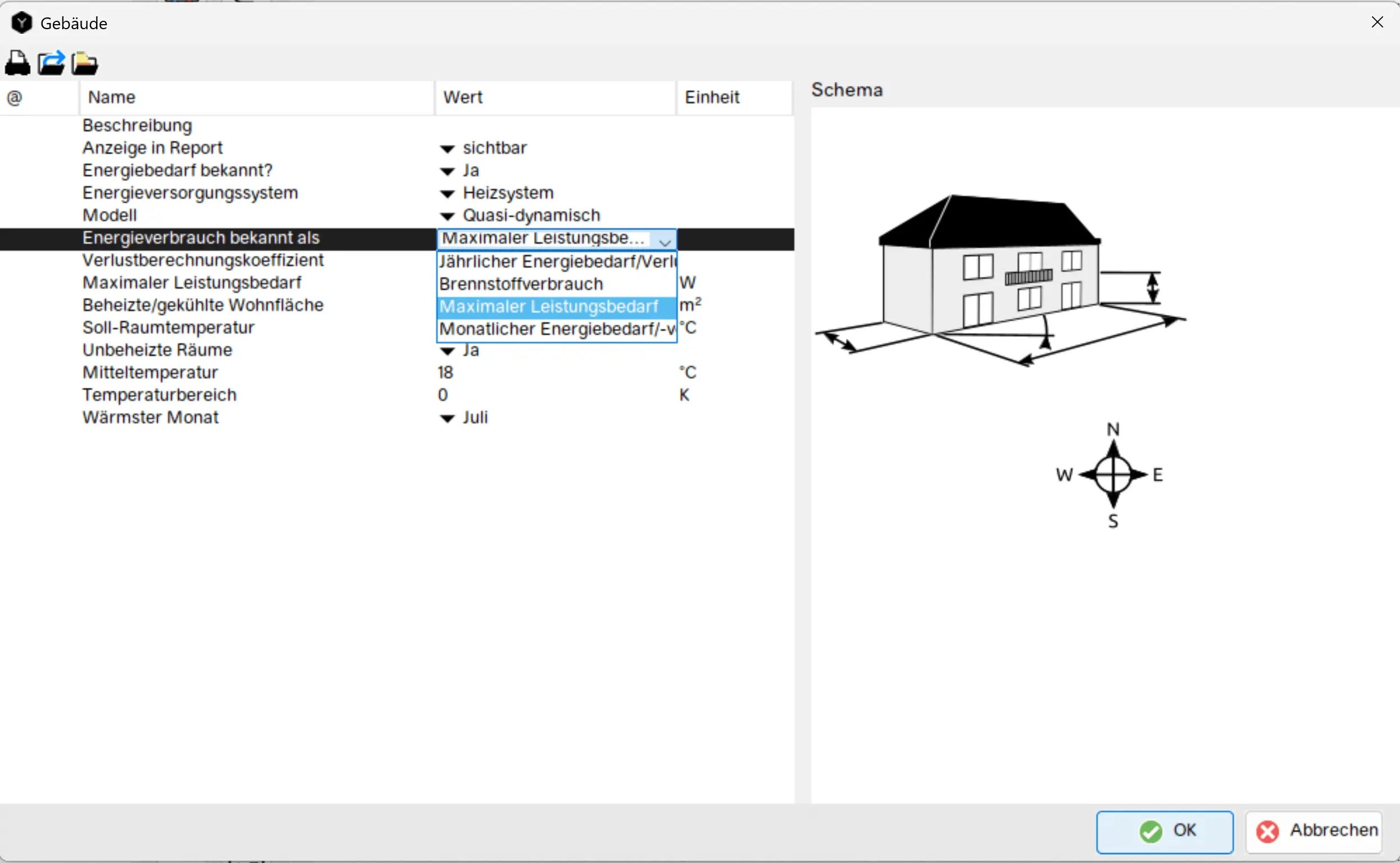 Gebäude Kontextmenü in Polysun mit Informationen zum Gebäude wie Energieverbrauch und Raumsolltemperatur.