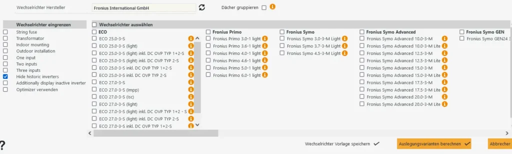 Wechselrichter Dimensionierung: Wechselrichter nach Kriterien (Transformator, Inputs, Outdoor installation, Optimizer etc.) eingrenzen