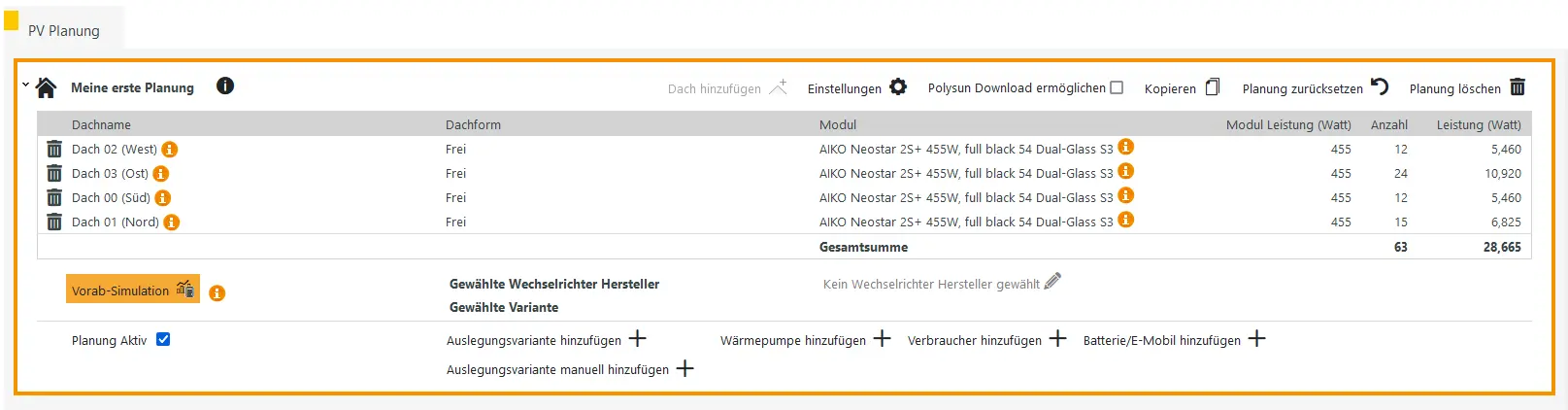 Photovoltaik Simulation: Dächer mit verwendeten Modulen zusammenstellen und simulieren