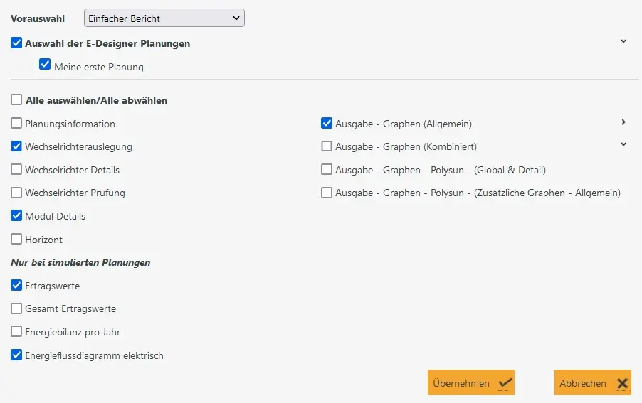 Einfacher Projektbericht: Planungsinformation, Wechselrichterauslegung, Wechselrichter Details, Modul Details, Horizont, Ertragswerte, Energiebilanz pro Jahr, Energieflussdiagramm elektrisch, 