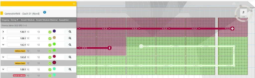 Stringplan PV Anlage: Visualisierung der Verstringung der Module. Zeit einen Stringplan und Eingabeparameter für die Stringplanung