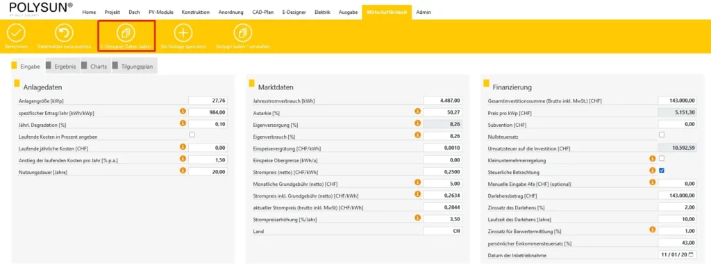 Wirtschaftlichkeitsberechnung der PV Anlage: 
1) Anlagedaten, Ertragsprognose Photovoltaik, laufende jährliche Kosten, Nutzungsdauer,
2) Marktdaten: Jahresstromverbrauch, Autarkie, Eigenversorgung, Einspeisevergütung, Einspeise Obergrenze, Strompreis inkl. Grundgebühr, Land
3) Finanzierung:
Preis pro kWP, Subventionen, Nullsteuersatz, Darlehensbetrag, Zinssatz Darlehen, Datum der Inbetriebnahme
