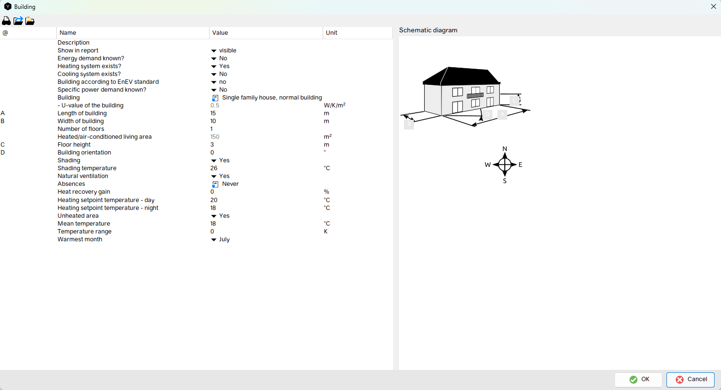 Context menu for buildings in Polysun, where the building type, building size, and other parameters such as shading or target temperature can be entered to calculate heat loss.
