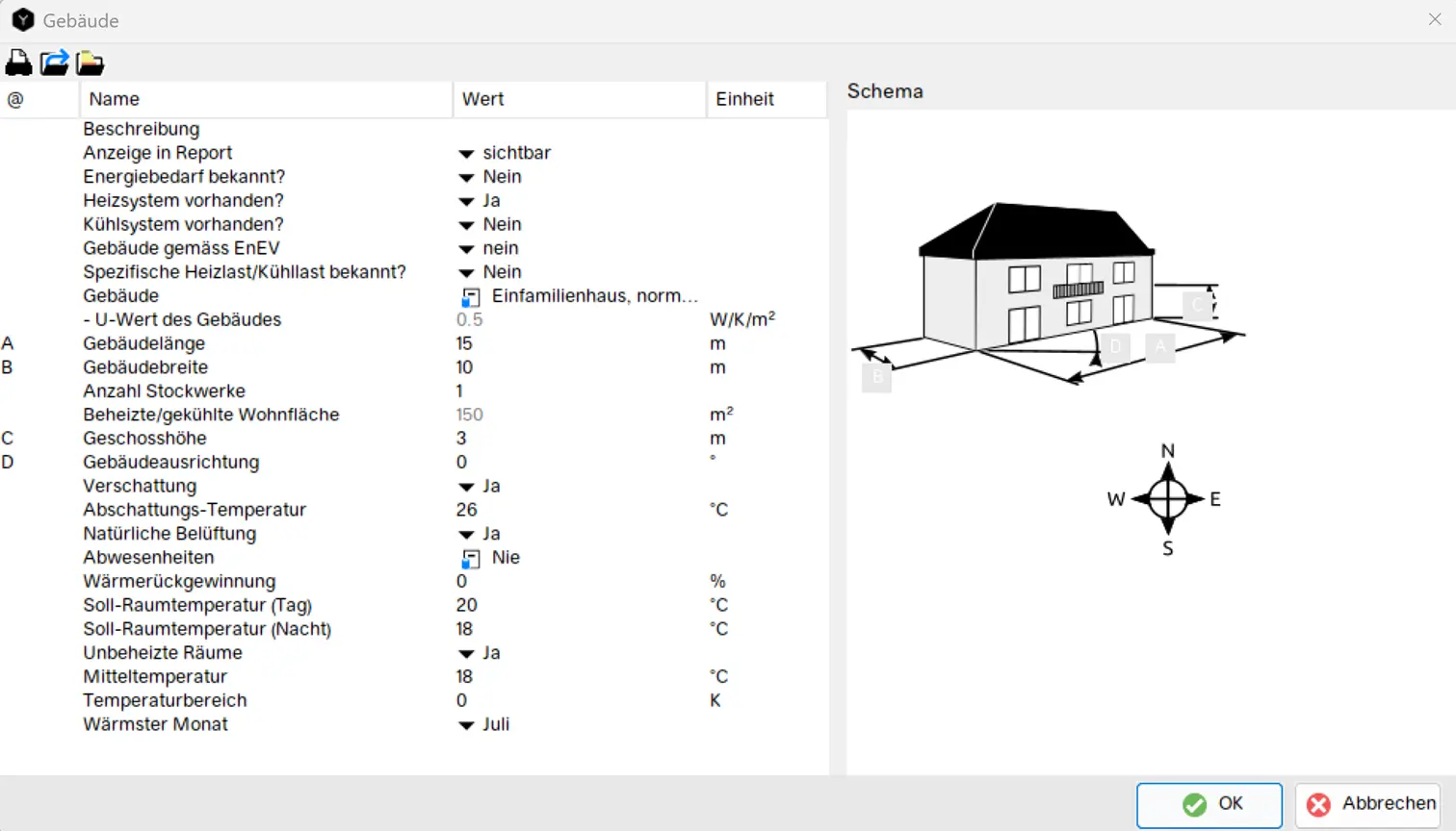 Kontextmenü Gebäude in Polysun, wo der Gebäudetyp, die Gebäudegrösse und weitere Parameter wie Verschattung oder Solltemperatur eingegeben werden können um Wärmeverbrauch zu berechnen.
