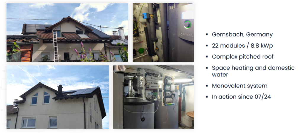 shows a example of a residential building with hybrid photovoltaic thermal collectors, monovalent thermal heat pump, buffer tanks