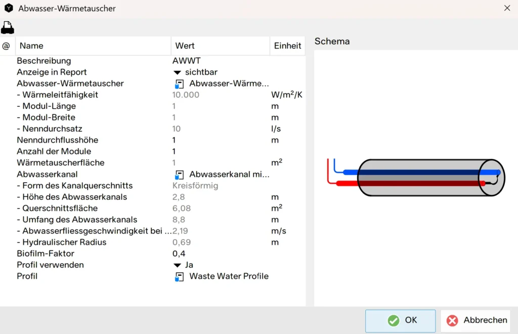 Komponentenmenü, über das ein Wärmetauscher für eine Wärmepumpe mit Abwasser als Quelle ausgelegt werden kann.