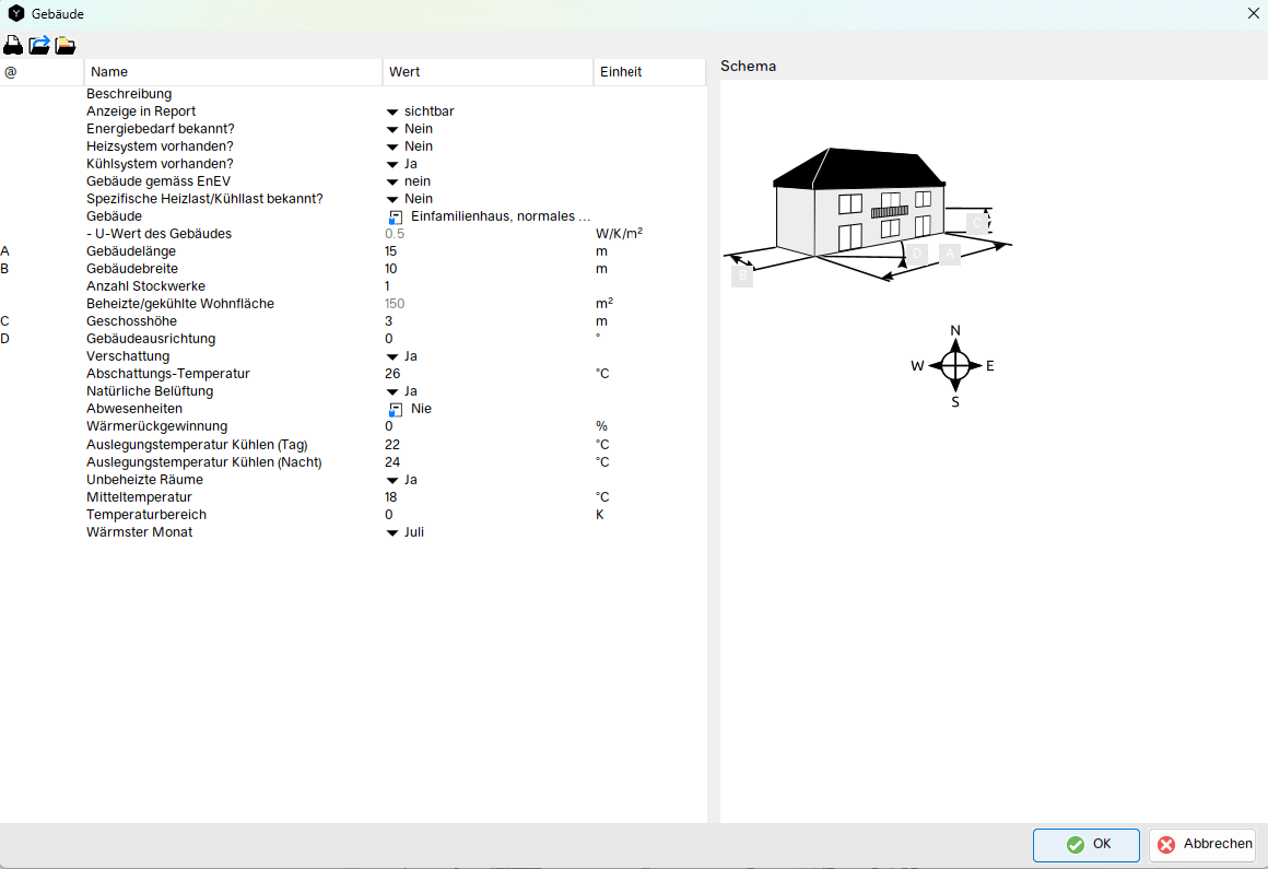 Kontextmenü Gebäude in Polysun, wo der Gebäudetyp, die Gebäudegrösse und weitere Parameter wie Verschattung oder Solltemperatur eingegeben werden können um Kühllast zu berechnen.