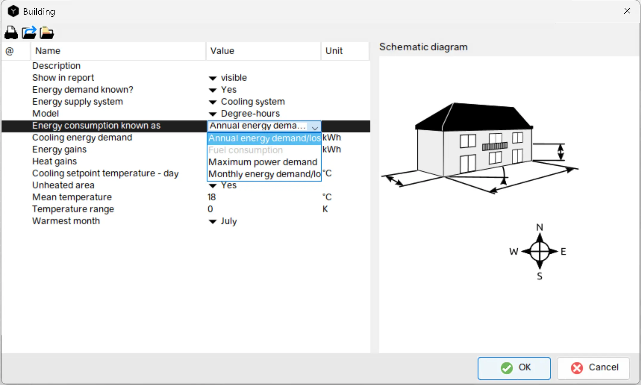 A screeshot showing different options for entering the consumption data for Cooling load calculation based on cooling degree days