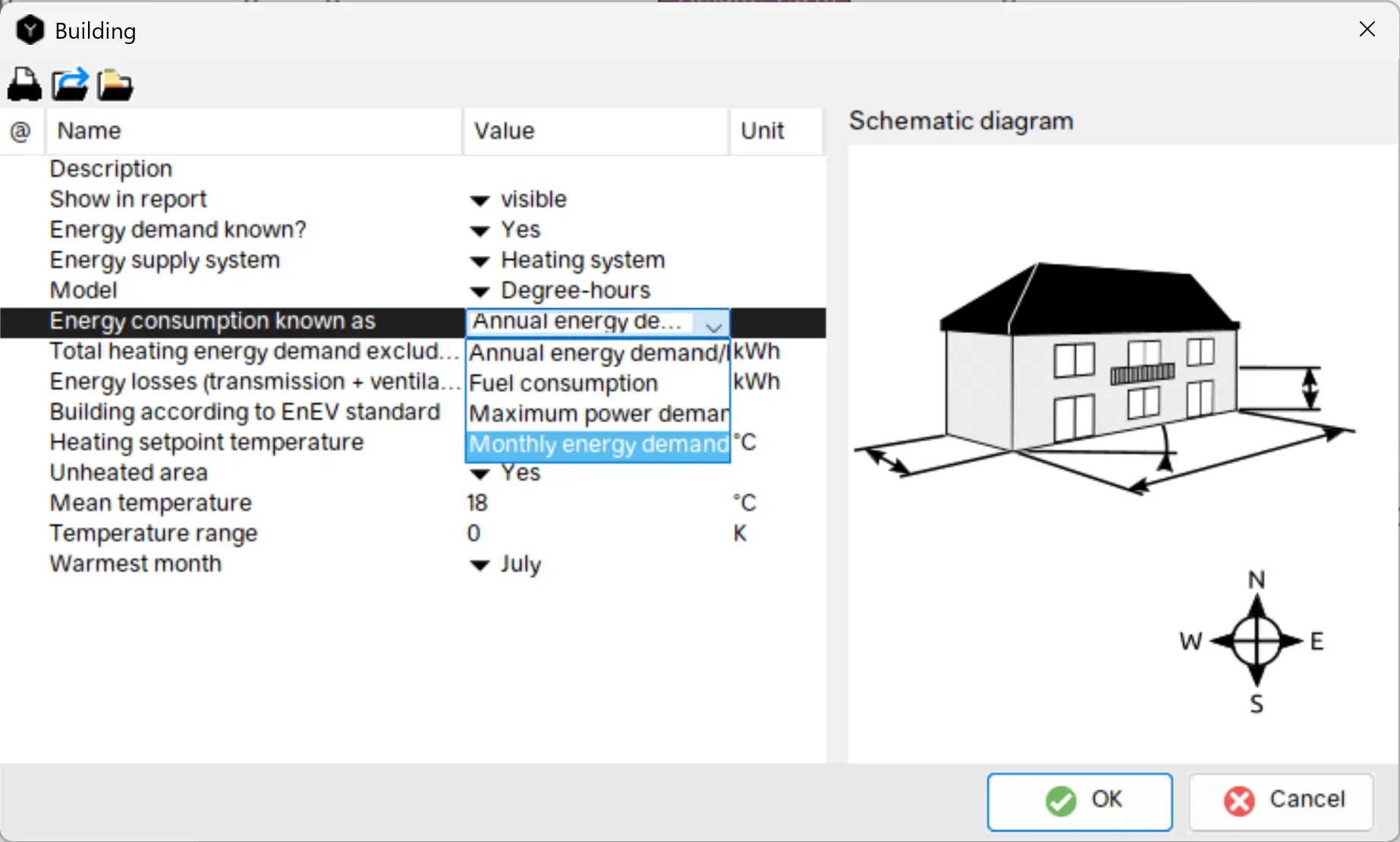 Screenshot from Building menu in Polysun, where you can pick how you define Energy consumption for the definition of your heating load.