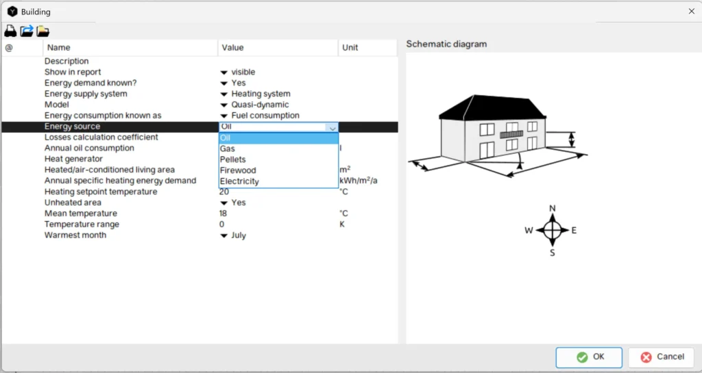 Building context menu in Polysun showing different options ot enter Energy source for definition of heat demand calculation