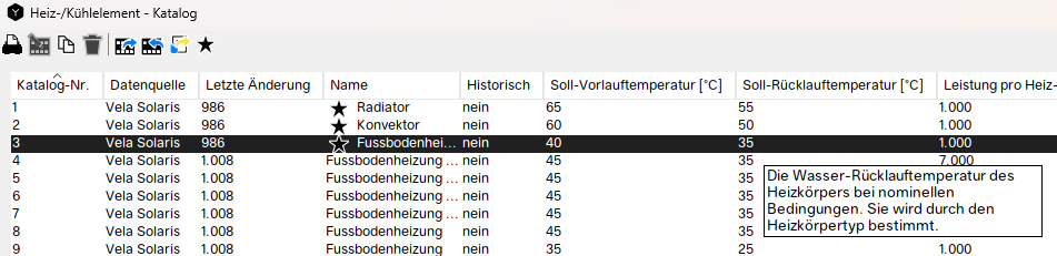 Darstellung verschiedener Heiz- und Kühlelemente in der Katalogansicht