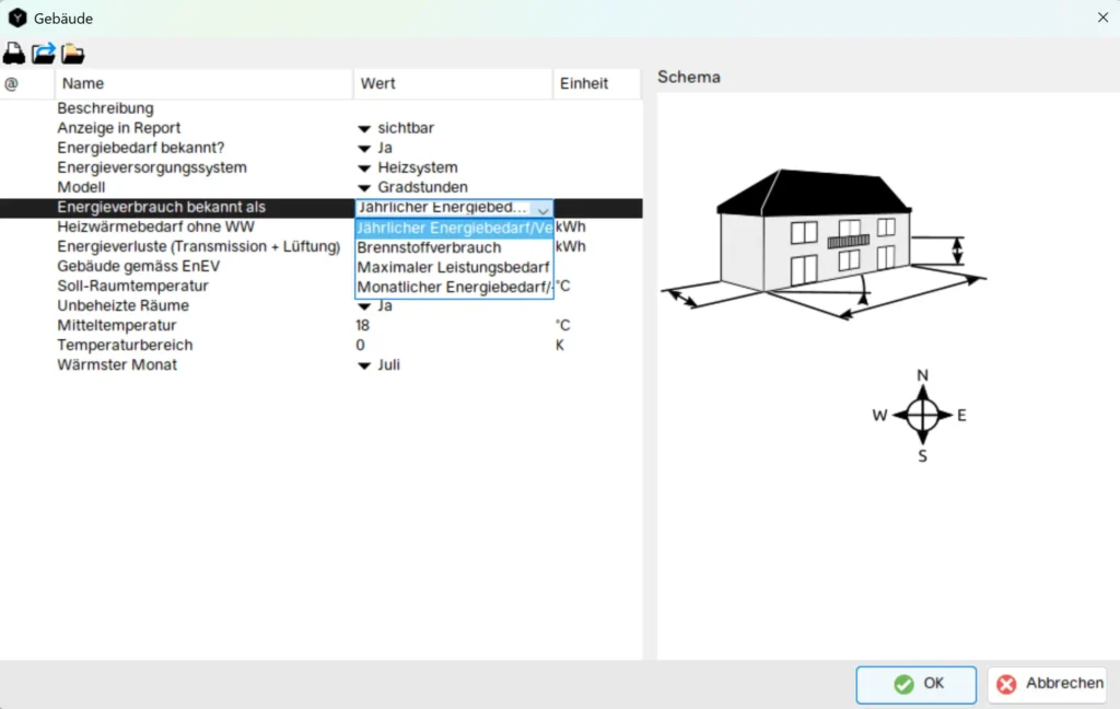 Polysun Benutzeroberfläche zur Berechnung des Heizwärmebedarfs anhand Heizgradtagen. 