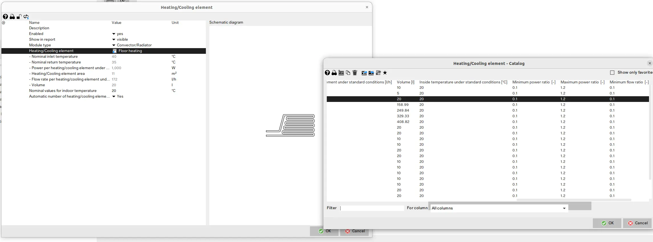 Eingabemaske und Katalog für Heizung/Kühlung mit Heizkörper in Polysun