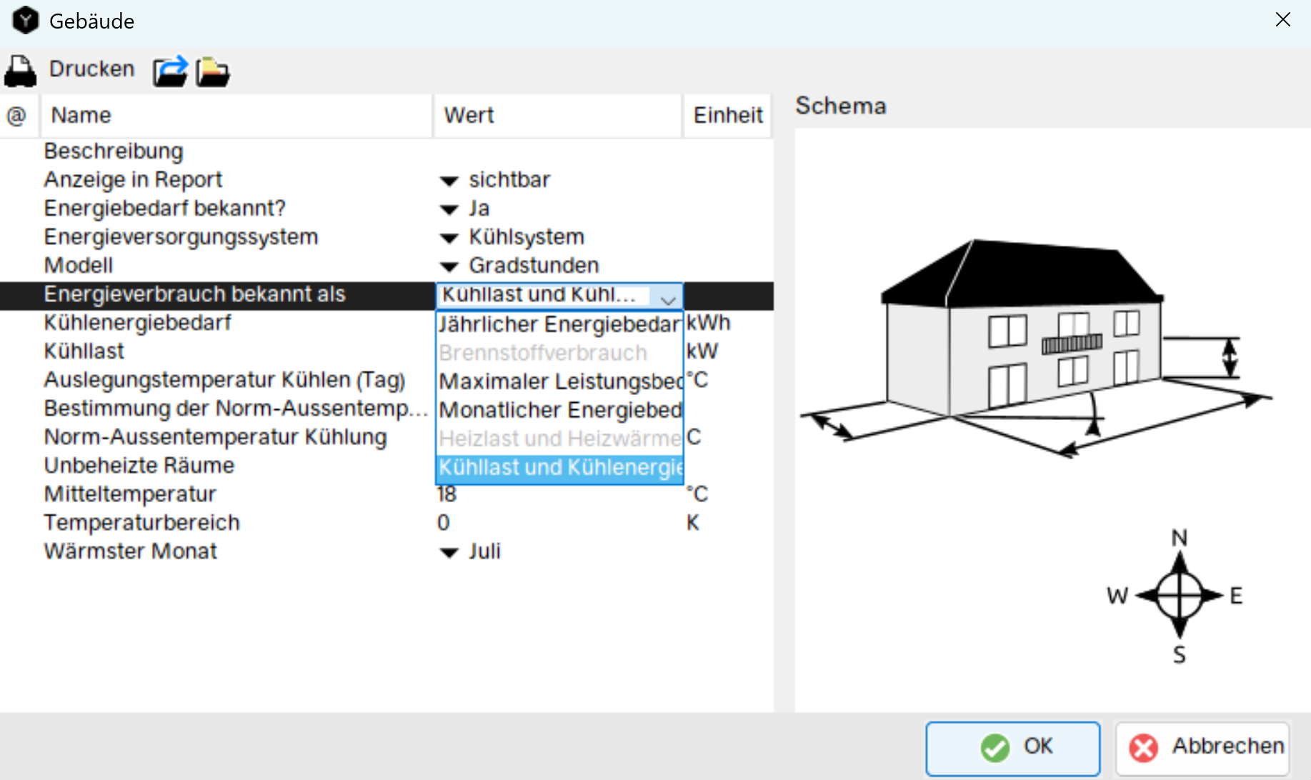 Screenshot der Polysun-Softwareoberfläche mit Einstellungen für die Berechnung der Kühllast mit dem Gradstundenmodell, inklusive Optionen für den jährlichen und monatlichen Energiebedarf und Eingabefelder für Energieverbrauch, Kühlgradtage.