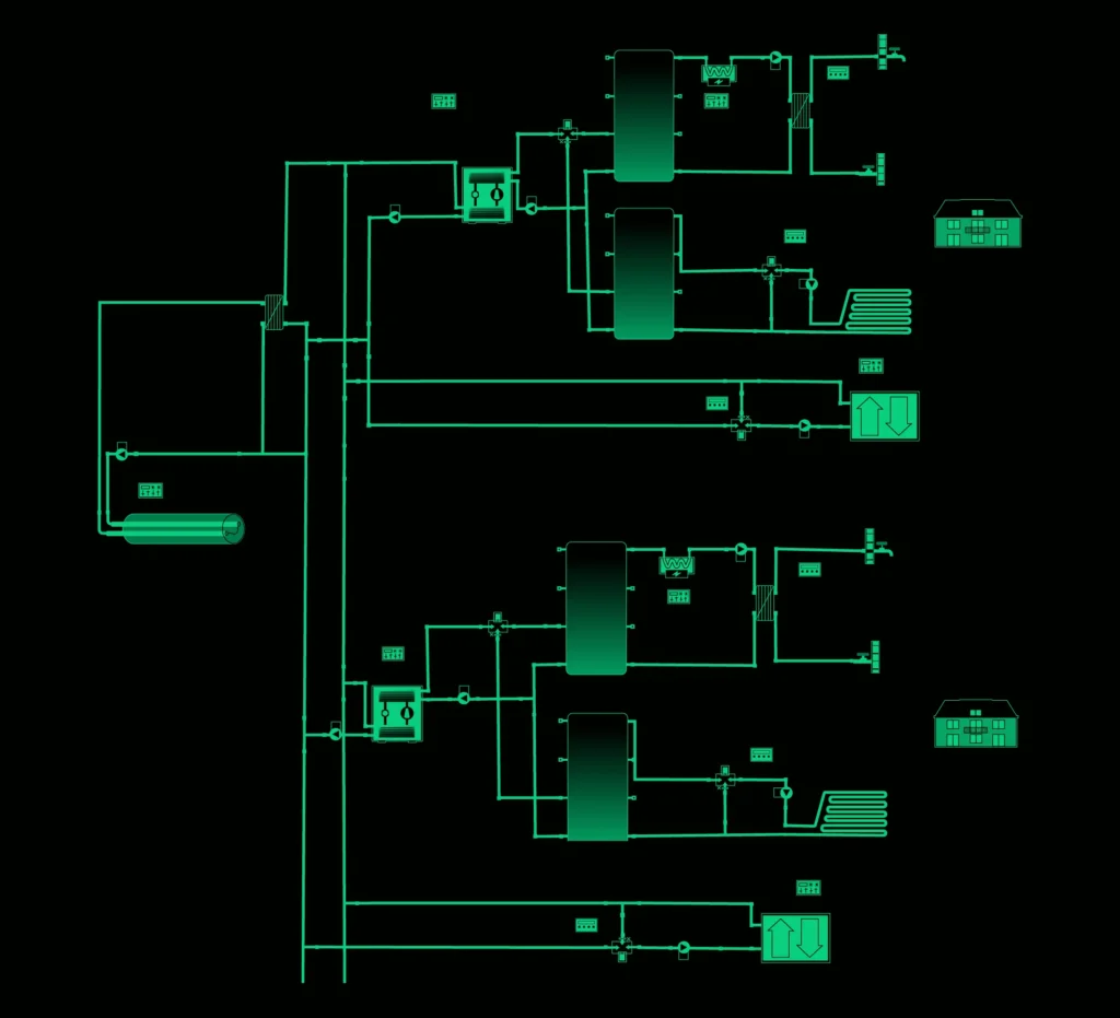 Kalte Nahwärme oder Anergienetz mit einem Abwasserwärmetauscher als Energiequelle