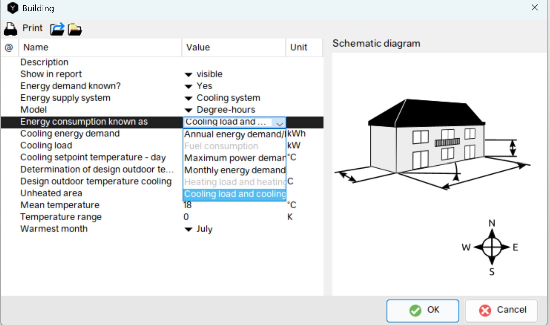 A screeshot showing different options for entering the consumption data for Cooling load calculation based on cooling degree days