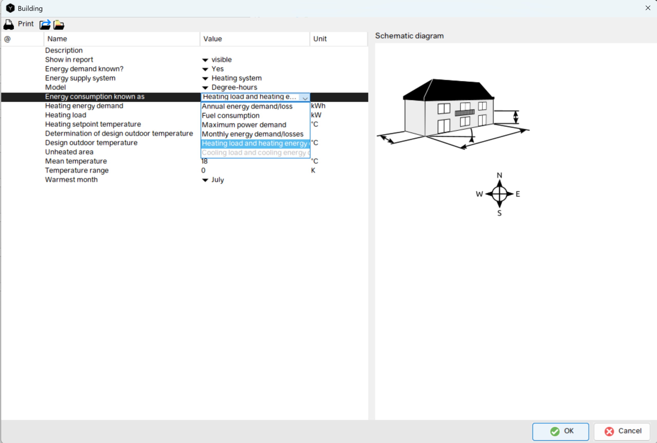 Screenshot from Building menu in Polysun, where you can pick how you define Energy consumption for the definition of your heating load.