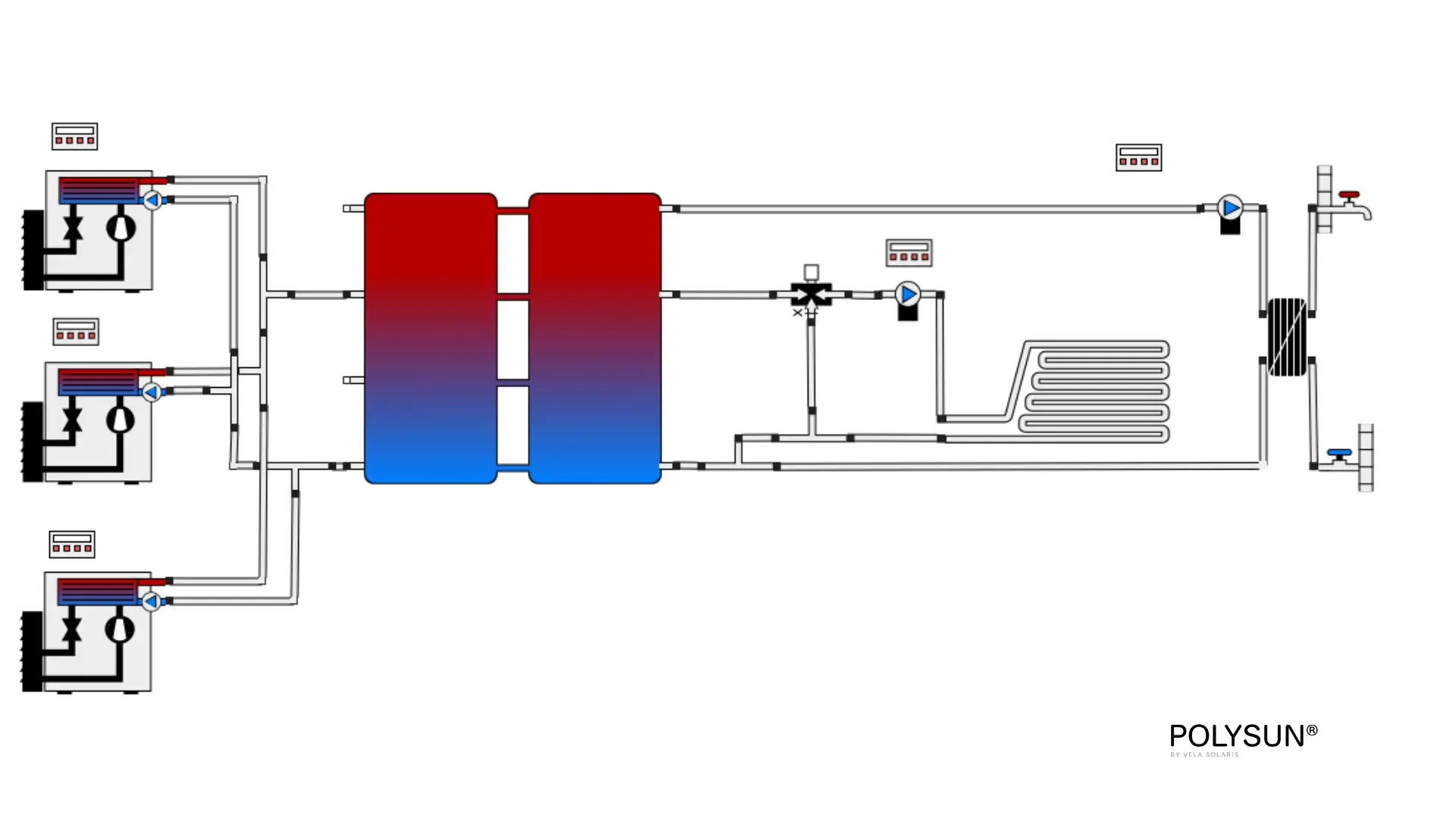 Hydraulikschema einer Wärmepumpen-Kaskade mit Pufferspeicher für Großanlagen (50 kW+) zur effizienten Deckung hoher Leistungsanforderungen.