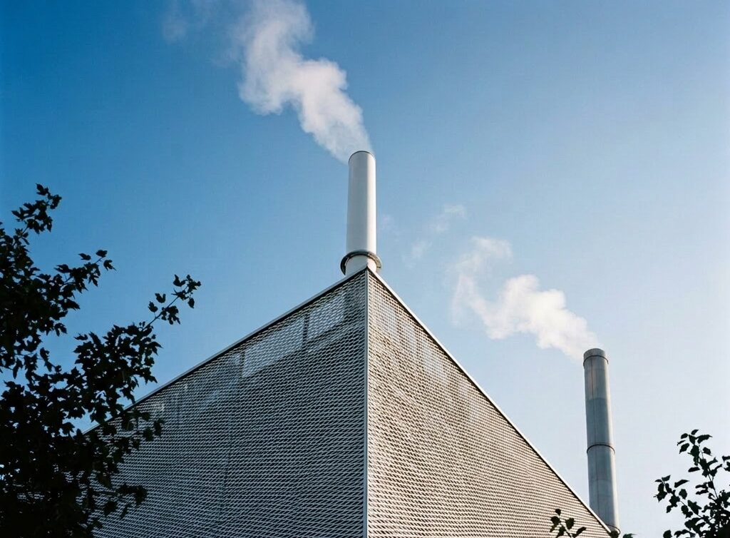 Moderne Energiezentrale mit rauchendem Kamin urban