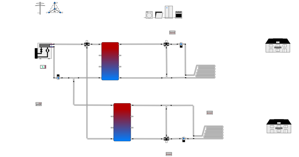 Template reversible air-to-water heat pump with buffer tank and cold storage tank